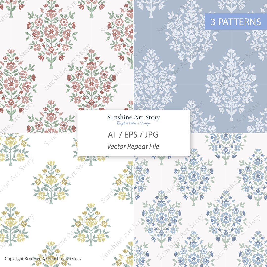 Seamless Floral Print ,damask Floral Repeat Pattern Set , and Block ...