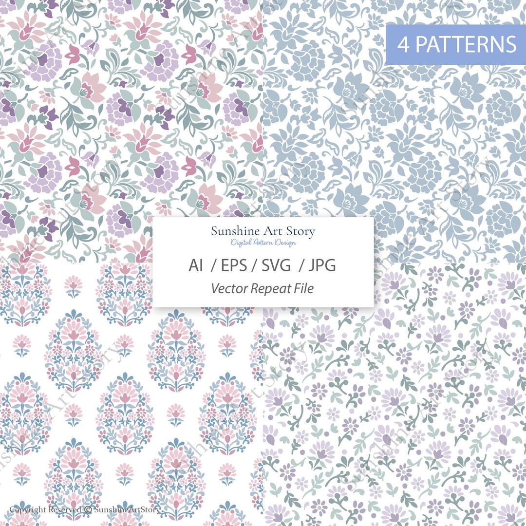 Seamless Floral Jacobean and Damask Block Print Repeat Pattern Set ...