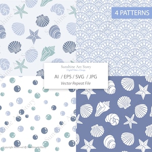 以下が含まれることがあります： 4つのデジタルパターン。テーマは航海で、貝殻、ヒトデ、泡が青と白のグラデーションで描かれています。「Sunshine Art Story」と「4 Patterns」の文字が見えます。
