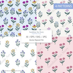 May include: Four seamless floral patterns featuring different colour combinations. The patterns include pink, blue, yellow, and green flowers on a white, light blue, cream, and pink background. The text "Sunshine Art Story" and "4 PATTERNS" is included in the image.