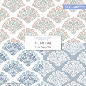 May include: Four seamless floral patterns in blue, green, and pink on a white background. The patterns are in a repeating tile format. The text "Sunshine Art Story" and "Digital Pattern Design" is in the center of the image. The text "AI/EPS/JPG" and "Vector Repeat File" is below the text "Sunshine Art Story". The text "4 COLORWAYS" is in the upper right corner of the image.