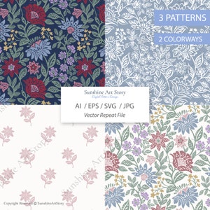 May include: Four floral patterns in two colorways. The patterns feature a variety of flowers and leaves in shades of blue, red, green, and white. The patterns are arranged in a grid, with each pattern occupying one quadrant of the image. The text "3 PATTERNS" and "2 COLORWAYS" is displayed in the top right corner of the image. The text "Sunshine Art Story" is displayed in the center of the image. The text "Digital Pattern Design" is displayed below "Sunshine Art Story". The text "AI/EPS/SVG/JPG" is displayed below "Digital Pattern Design". The text "Vector Repeat File" is displayed below "AI/EPS/SVG/JPG". The text "Copyright Reserved SunshineArtStory" is displayed in the bottom left corner of the image.