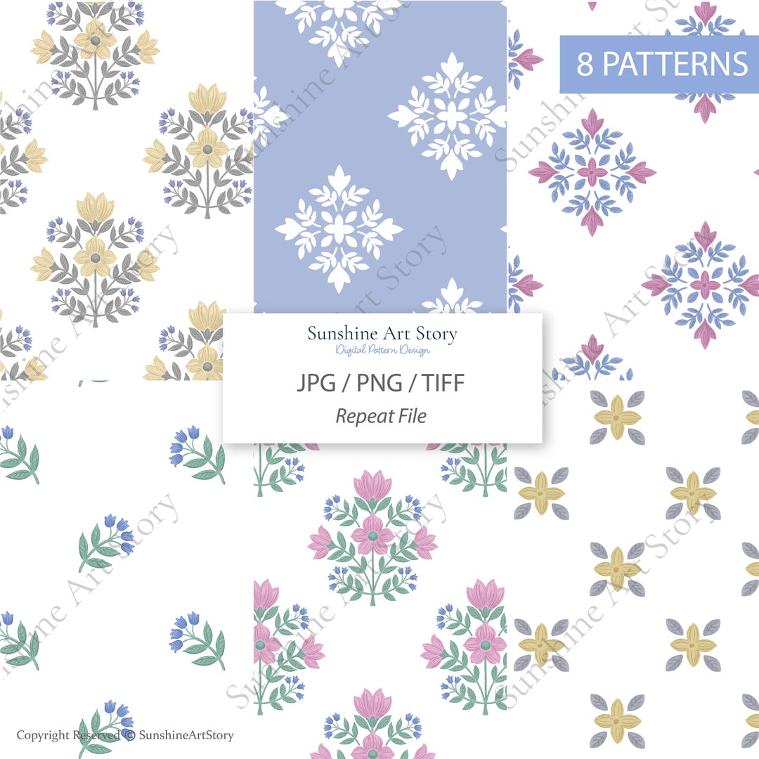 Seamless Floral Print and Damask Floral Repeat Pattern Set for Fabric ...