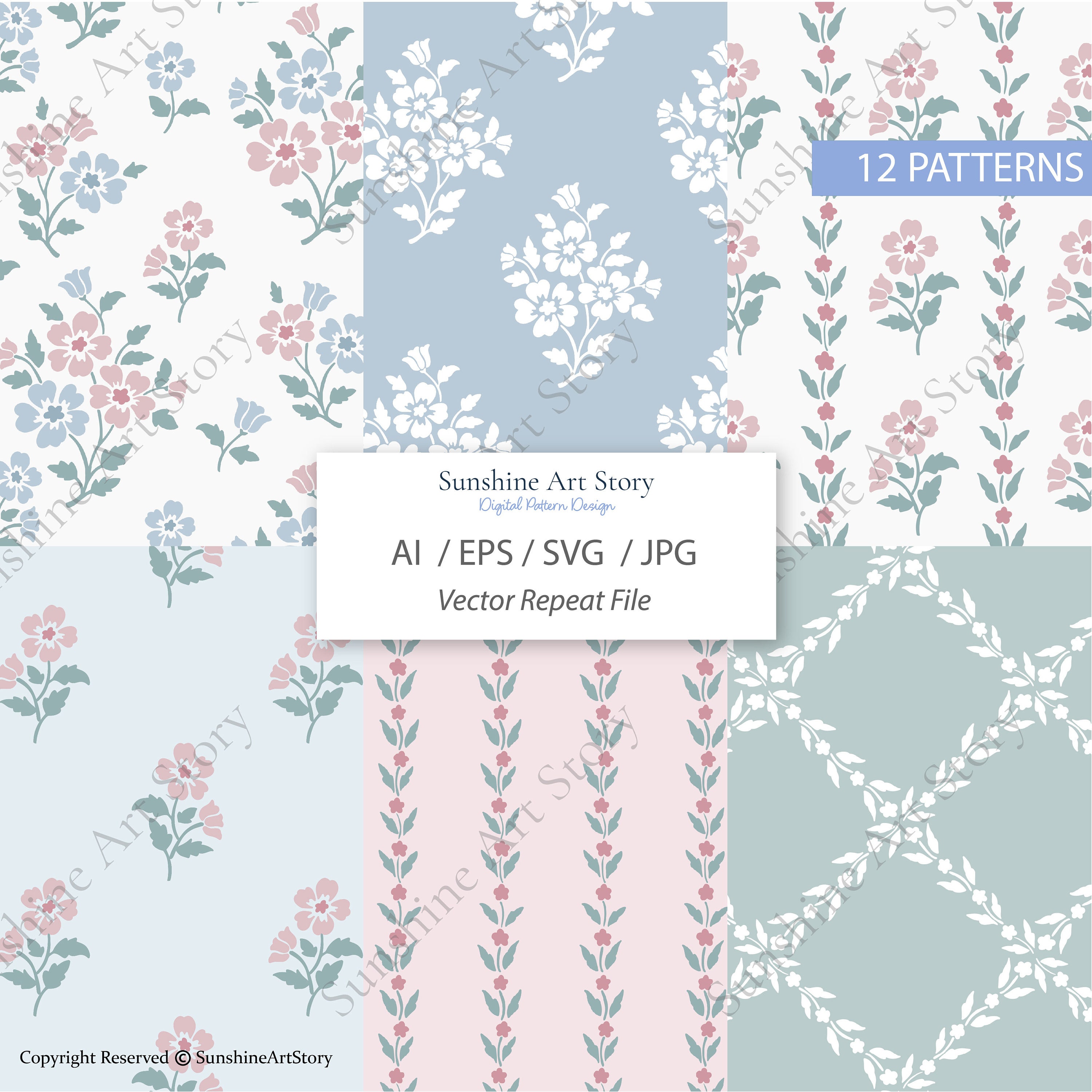 Seamless Floral Print and Boho Floral Repeat Pattern Set Vector File ...