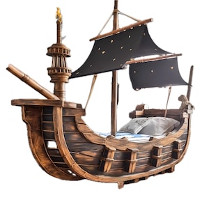 Wooden Pirate Ship Bed for Kids - Toddler to Teen Size, Adventure-Filled Sleep Space