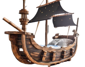 Wooden Pirate Ship Bed for Kids - Toddler to Teen Size, Adventure-Filled Sleep Space