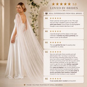 May include: A floor-length sheer white bridal cape featuring delicate scattered pearls, worn over a satin gown. The image includes five-star customer reviews with text stating Loved by Brides, Real Experiences from Real Brides, and Thank you for trusting my small business.