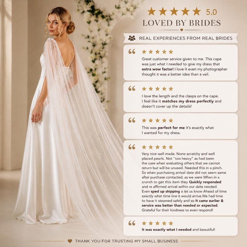 May include: A floor-length sheer white bridal cape featuring delicate scattered pearls, worn over a satin gown. The image includes five-star customer reviews with text stating Loved by Brides, Real Experiences from Real Brides, and Thank you for trusting my small business.