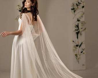 Pearl cape veil Tulle shoulder cape for bride Wedding long elegant sheer capelet