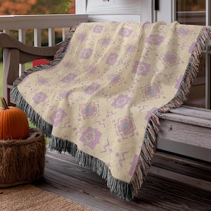 Boho Woven Throw Blanket, Pastel Purple Geometric Floral Tapestry, Cozy Fall Sofa Bed Cover, Bohemian Autumn Home Decor Gift