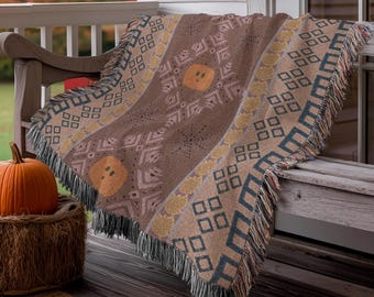 Woven Halloween Throw Blanket: Ghost & Pumpkin Cotton Fall Decor