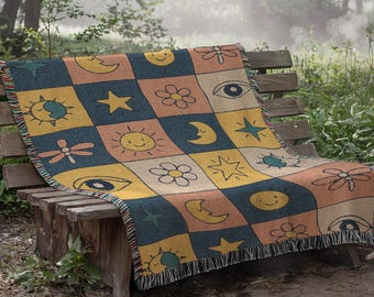 Himmlische Webdecke: Mystische Sonne, Mond & Sterne Überwurf - Boho Home Decor