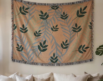 Coperta in cotone intrecciato con foglie botaniche, coperta boho minimalista