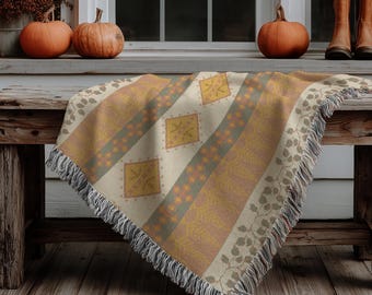 Boho Woven Throw Blanket: Mustard Yellow Geometric Cotton