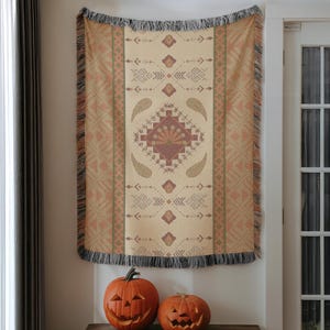 Boho Woven Throw Blanket: Southwestern Geometric Diamond Pattern, Fringed Cotton