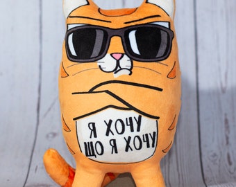 stuffed cat toy in sunglasses with Individual inscription