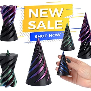 May include: Five black and iridescent purple, blue, and green cone-shaped candle holders. The candle holders are made of a 3D printed material. The text "NEW SALE SHOP NOW" is visible in the background.