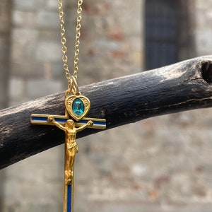 French vintage gold plated bronze religious medal blue enamel cross crucifix engraved Lourdes gold chain Necklace necklace pendant Cross