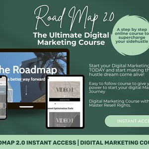 Puede incluir: Un curso de marketing digital verde y blanco llamado "Roadmap 2.0" con el lema "The Ultimate Digital Marketing Course". El curso promete ayudarte a impulsar tu negocio secundario y hacer que tu sueño de negocio secundario cobre vida. El curso incluye acceso instantáneo y derechos de reventa master.