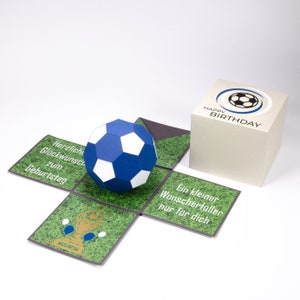 Explosionsbox für Gutschein- oder Geldgeschenk zum Geburtstag, Geschenk für Fußballfan, grau/anthrazit/blau/weiß