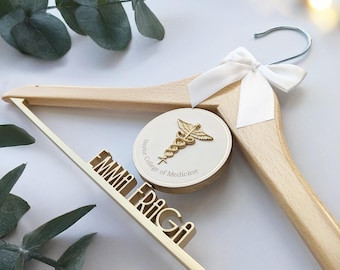 white coat hanger, medical hanger, doctor hanger, doctor gift, med school, graduation gift, doctor graduation, coat hanger, 3d caduceus logo