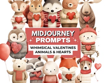 Whimsical Valentine Midjourney Prompts, Midjourney Valentines Animals Prompts, Nursery Clipart, Love, Animal Clipart, Instant Download