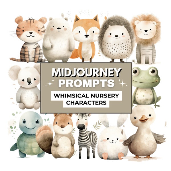 Whimsical Nursery Animals Midjourney Prompts, Midjourney Characters Prompts, Nursery Clipart, Tips and Tricks Guide, Instant Download