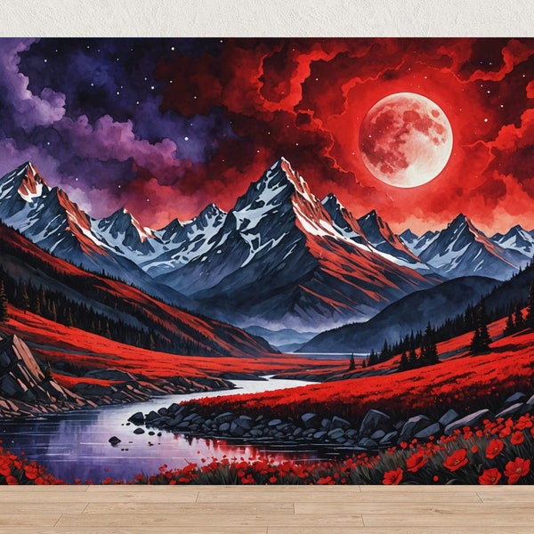 Canvas Red Blood Moon Mountains | Wall Art | Bedroom | Living Room | Kitchen | Landscape | Cottagecore | Cabin Woodland Decor Canvas Rustic