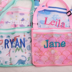 Personalisierte Kinder Strandtasche | Monogrammed Seashell Mesh Tote & Rucksack - Summer Pool Essentials Geschenk