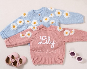 Personalized Daisy Cardigan for Kids: Embroidered Name Sweater, Unique Baby & Toddler Gift