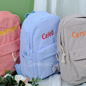 Sac à dos en velours côtelé brodé personnalisé - Nom fabriqué à la main, cartable durable et élégant pour l'école, les voyages ou les aventures de tous les jours
