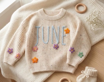 Personalized Baby Flower Sweater: Embroidered Name, 100% Cotton Knit