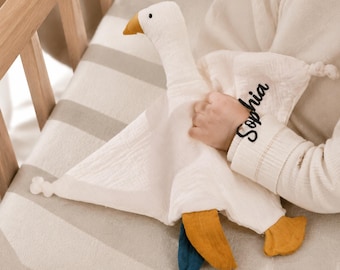 Personalized Goose Lovey, Embroidered Name Baby Security Blanket, Custom Newborn Gift