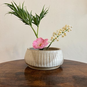 Op de afbeelding: Een crèmekleurige keramische vaas met verticale ribbels bevat een roze bloem, groen blad en een takje met kleine witte bloemen. De vaas staat op een donker houten oppervlak.