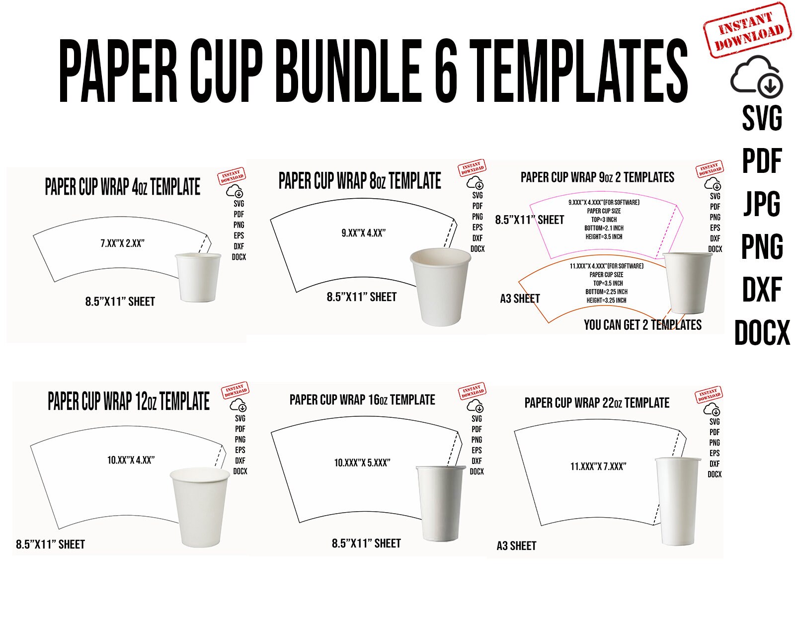 Paper Cup Bundle Template 4oz 8oz 9oz 12oz 16oz 22oz - Etsy