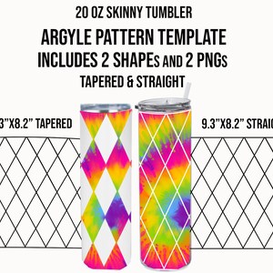 May include: A 20 ounce skinny tumbler template with an argyle pattern in a tie-dye design. The template includes two shapes: tapered and straight. The template is available in SVG, PDF, EPS, PNG, DXF, and DOCX formats.