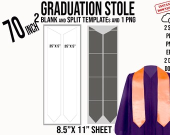 May include: A digital download of two graduation stole templates, one blank and one split, in a 70-inch size. The templates are designed to fit on an 8.5-inch by 11-inch sheet of paper. The image also shows a purple graduation gown with an orange stole.