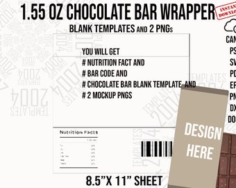 Chocolate Bar Wrapper Template: 1.55 oz, Barcode & Nutrition Facts (Digital Download)