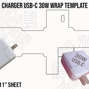 May include: A black and white printable template for wrapping a USB-C 30W charger. The template is designed to fit a charger that is approximately 2.5 inches wide and 2.5 inches tall. The template includes a space for the charger's logo and text. The template is available in a variety of formats, including Canva, PSD, SVG, PDF, EPS, PNG, DXF, and DOCX.