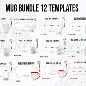 Puede incluir: Un paquete de descarga digital con 12 plantillas para tazas, incluyendo diseños para varios tamaños como 312 ml, 340 ml, 397 ml, 425 ml y 482 ml, y diseños para tazas de café con leche. Los formatos disponibles son PSD, SVG, PDF, EPS, PNG, DXF y DOCX.
