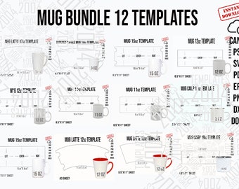 Mug Bundle 12 Vorlagen, Mug svg, 10, 11, 12, 14, 15, 17 oz, Latte, Camp, Tapered für Sublimation, Canva, Psd, Pdf, Docx, Dxf, Eps, Png, svg