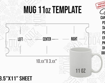 Becher 11 Unzen Vorlage, 11 Unzen Becher Vorlage für Sublimationsvollverpackung, Griffausschnitte, Becher 11 Unzen SVG, Cricut und Silhouette, Pdf Psd Dxf Docx