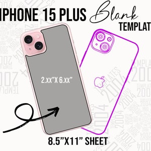 Może przedstawiać: Pusty szablon iPhone 15 Plus z różowym etui, szarym ekranem i tekstem "2.xx" X 6.xx". Obraz zawiera również przezroczysty kontur telefonu i tekst "8.5" X 11" SHEET".