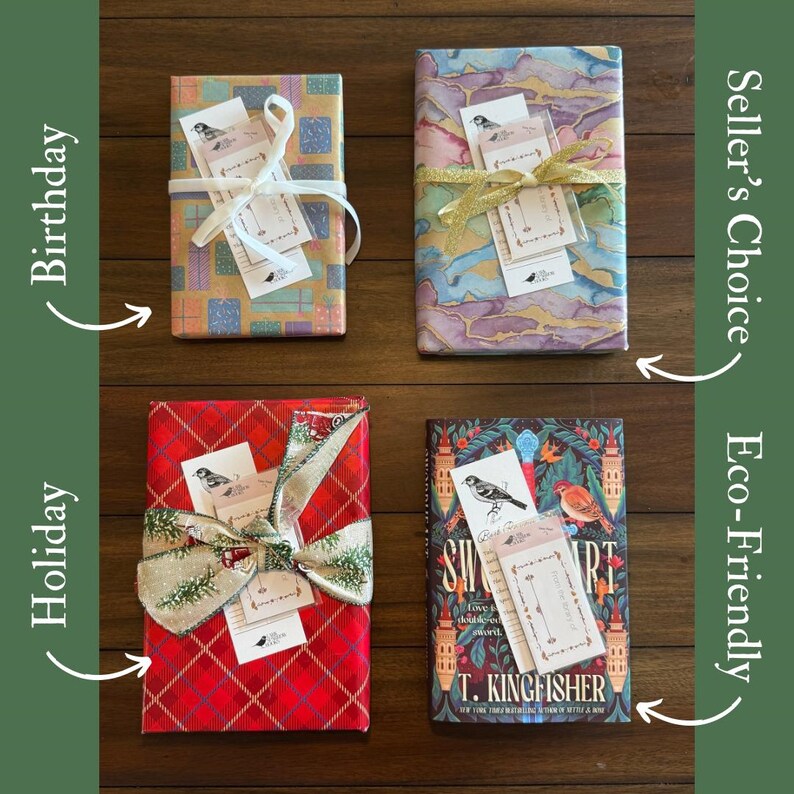 May include: Four gift-wrapped books with different wrapping paper designs. The books are on a wooden surface. The wrapping paper designs include a geometric pattern, a watercolor pattern, a red plaid pattern, and a floral pattern. The books are labeled with different occasions: Birthday, Holiday, Seller's Choice, Eco-Friendly.