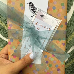 May include: A brown paper gift bag with colorful confetti dots. The bag is tied with a light blue ribbon and has a bookmark with a bird illustration and the text "Slow Sparrow Books" attached.