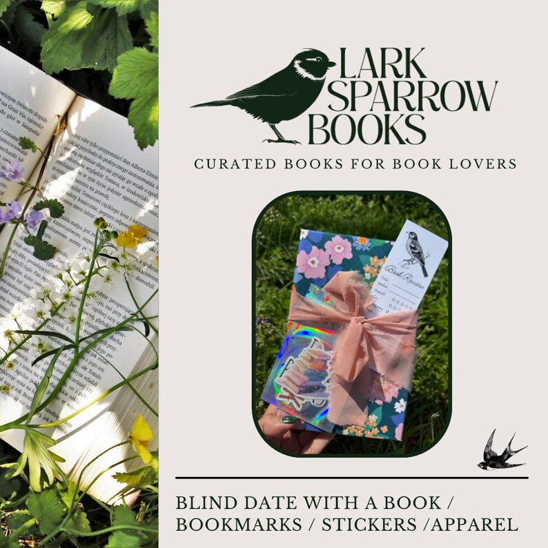 May include: A book wrapped in pink and green floral patterned paper with a pink ribbon. The book is labeled "Blind Date with a Book" and is accompanied by a bookmark and a sticker. The text "Lark Sparrow Books" is displayed above the book.