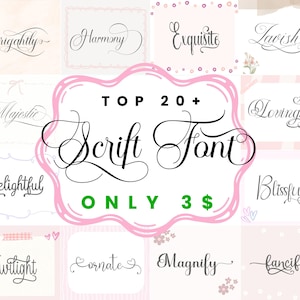 Könnte beinhalten: Eine Sammlung von Schriftarten, darunter "Brightly" und "Harmony", mit dem Text "Top 20+ Script Font" und "Only 3$". Die Schriftarten werden in verschiedenen Stilen präsentiert, eingebettet in ein rosa und grünes Design.