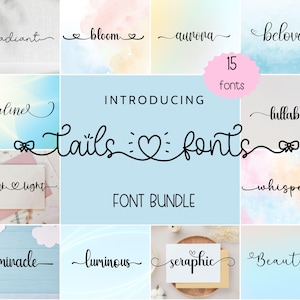 Può includere: Un'immagine di un pacchetto di font con 15 diversi stili di font. I font sono visualizzati in una griglia, ognuno con un design corsivo unico. Il testo centrale recita: "Introducing Tails Fonts Font Bundle."