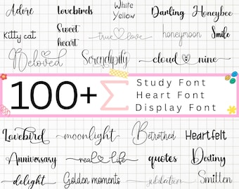 Può includere: Uno sfondo a griglia rosa e bianco con testo nero. Il testo include parole come "adore", "lovebirds", "sweet heart", "true love", "honeymoon", "smile", "beloved", "serendipity", "cloud nine", "lovebird", "moonlight", "betrothed", "heartfelt", "anniversary", "real life", "quotes", "destiny", "delight", "golden moments", "jubilation", e "smitten". Il testo è in un font corsivo. Le parole "Study Font", "Heart Font", e "Display Font" sono anche incluse nell'immagine.