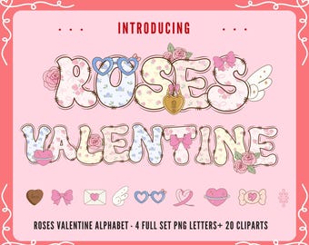 Rozen Valentijn alfabet lettertype, rozen cijfers en schattig roze liefde alfabet, Valentijn alfabet png bundel, sublimatie ambachten en ontwerpen